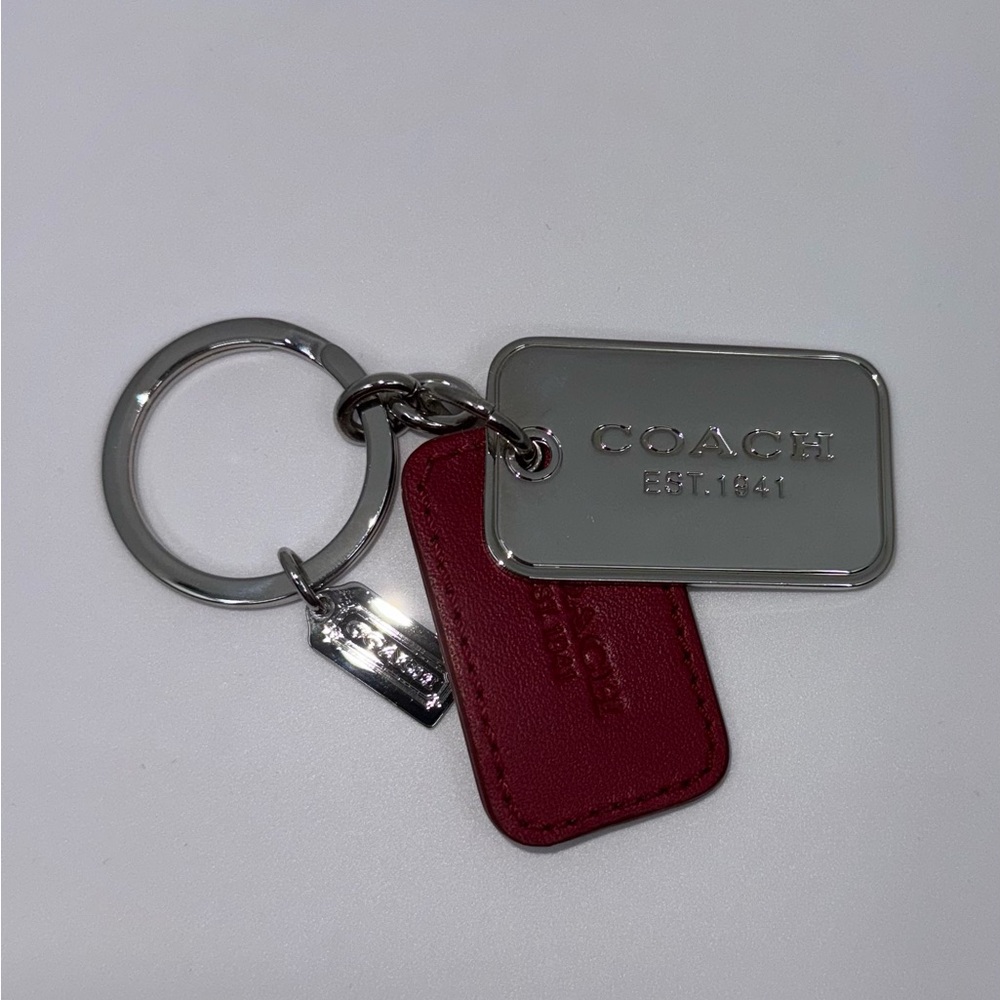 Coach Silver Keychain Keyring Red Leather and Silver Tags LIKE NEW CONDITION - Picture 1 of 8